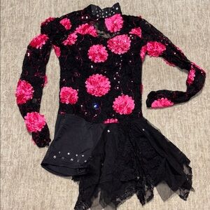 Weissman LC Child large Black and Pink Skating Dress Dance outfit flowers sequi